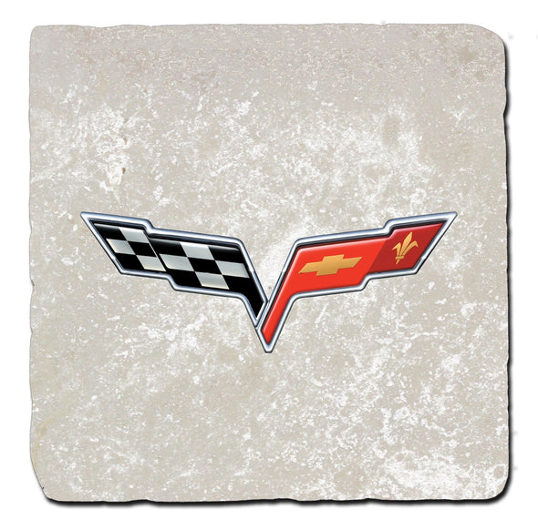 Corvette C6 Crossed Flags Stone Coaster