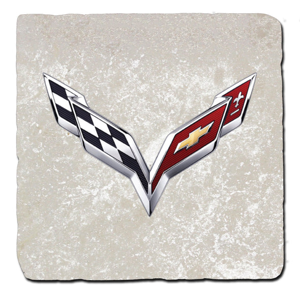 Corvette C7 Crossed Flags Stone Coaster Bundle - Set of 4