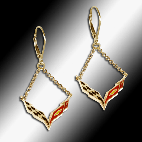 Corvette C7 Enamel Emblem Lever Back Chain Earrings - 14k Gold - [Corvette Store Online]