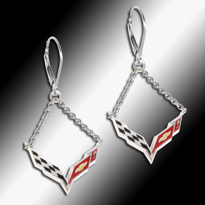 Corvette C7 Emblem Enameled Lever Back Chain Earrings - Sterling - [Corvette Store Online]
