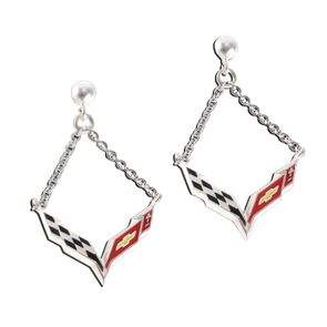 Corvette C7 Emblem Enameled Post Chain Earrings - Sterling - [Corvette Store Online]