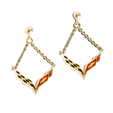 Corvette C7 Emblem Enameled Post Chain Earrings - 14k Gold - [Corvette Store Online]