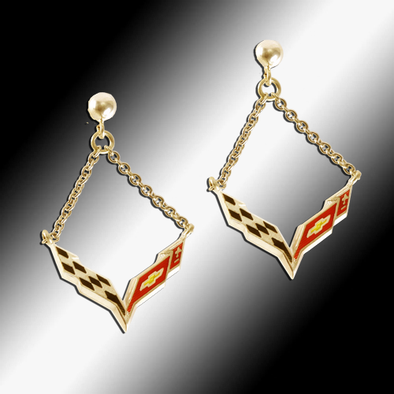 Corvette C7 Emblem Enameled Post Chain Earrings - 14k Gold - [Corvette Store Online]