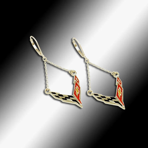 C8 Next Generation Corvette Emblem Lever Back Chain Earrings - 14k Gold - [Corvette Store Online]