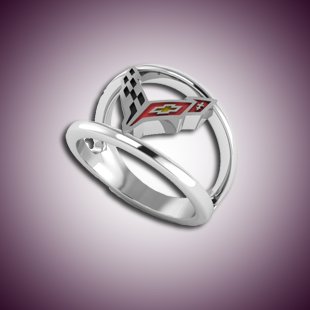 Ladies C8 Corvette Enamel Logo Ring - Sterling Silver