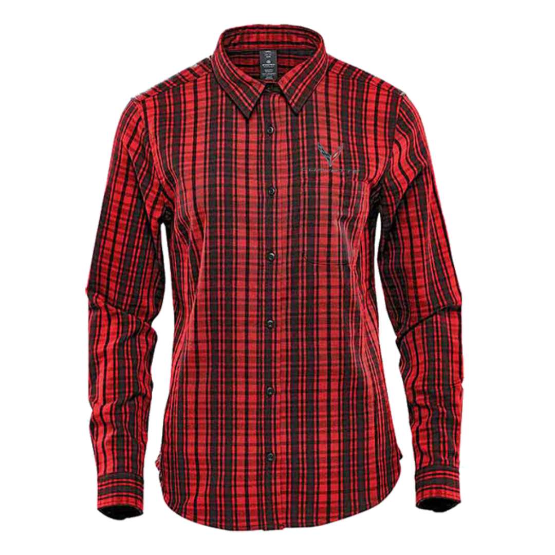ladies-c8-corvette-muirfield-performance-long-sleeve-red-plaid-shirt