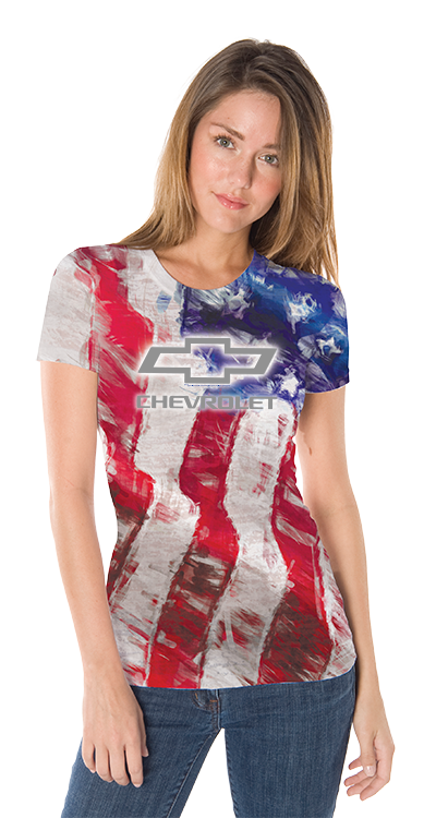 Ladies Chevrolet Bowtie Distressed American Flag T-Shirt