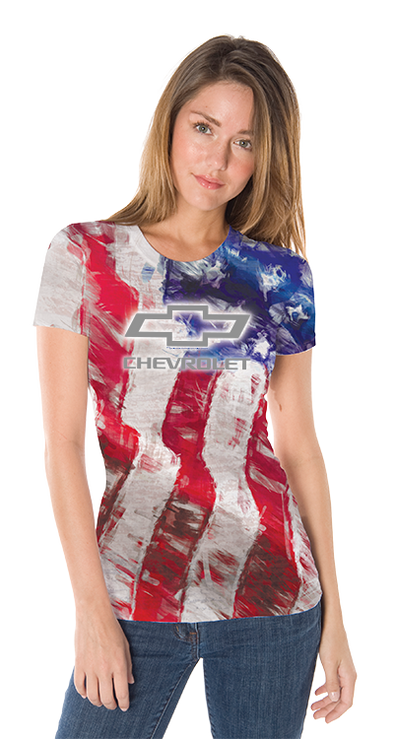 Ladies Chevrolet Bowtie Distressed American Flag T-Shirt