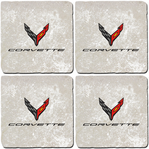 Next Generation Corvette C8 Crossed Flags Light Stone Coaster Bundle - Set of 4