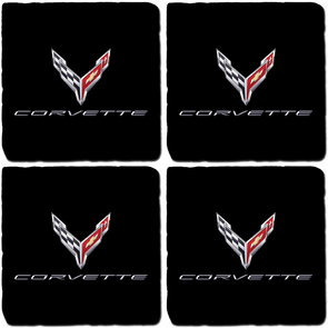 Next Generation Corvette C8 Crossed Flags Script Black Tile Coaster Bundle - Set of 4