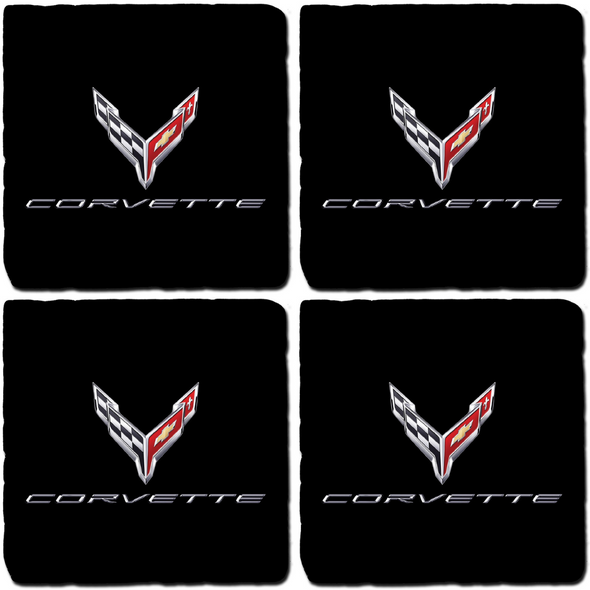Next Generation Corvette C8 Crossed Flags Script Black Tile Coaster Bundle - Set of 4