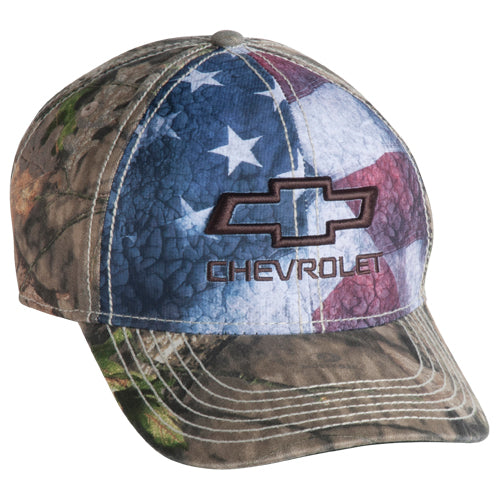 Patriotic Chevrolet Distressed T-Shirt and Camo American Flag Hat Bundle
