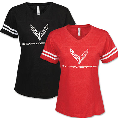 Ladies C8 Corvette Football Jersey Tee