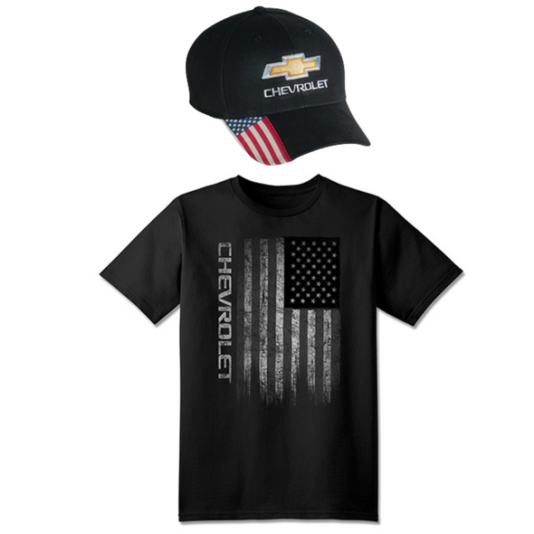 Patriotic Chevrolet Distressed American Flag T-Shirt and Hat Bundle