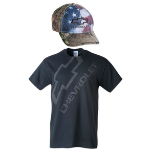 Patriotic Chevrolet Distressed T-Shirt and Camo American Flag Hat Bundle