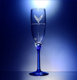 Corvette Logo Domaine Flute Glass Pair with Blue Stem - Choose Logo for Custom Etching