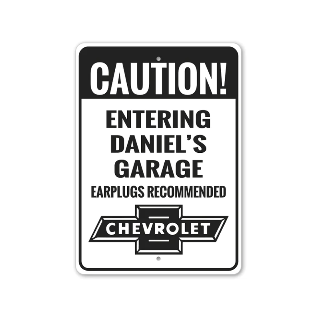 Personalized Chevy Caution Garage Sign - Aluminum Sign