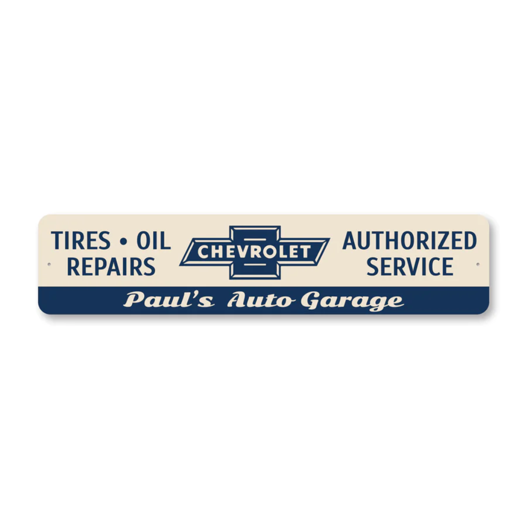 Personalized Chevy Garage Tires/Oil/Repairs Sign - Aluminum Sign