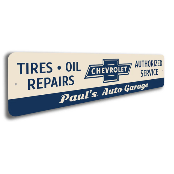 Personalized Chevy Garage Tires/Oil/Repairs Sign - Aluminum Sign